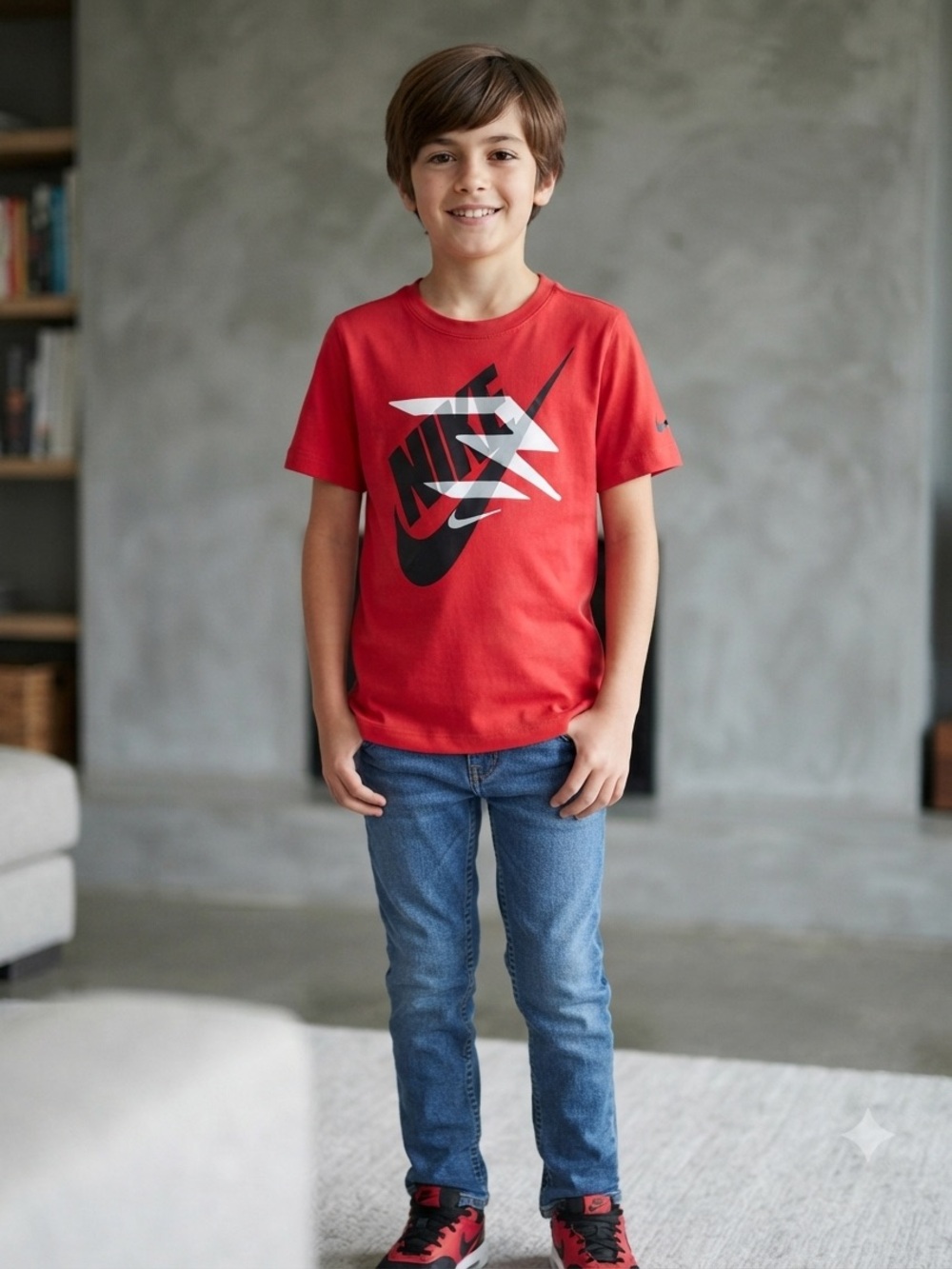 Nike Red Tee with Black & White Layered Swoosh Graphic